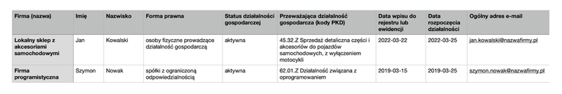 Przykład rekordu w bazie danych firm